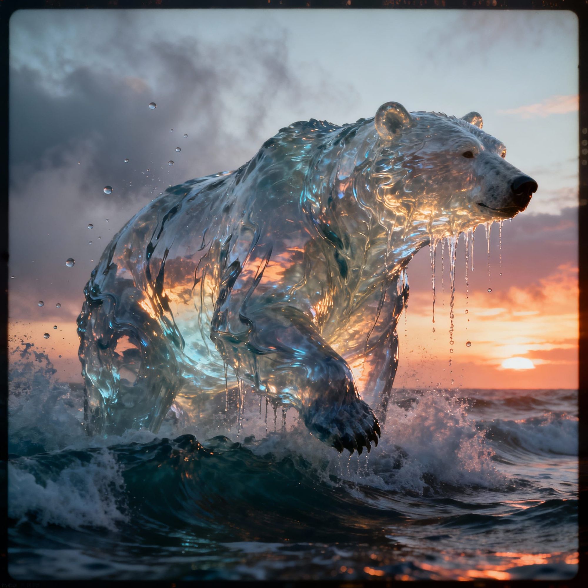 A gigantic bear rising from ocean waves, its entire body made of liquid water and ocean spray, as if sculpted from waves themselves. Its for...