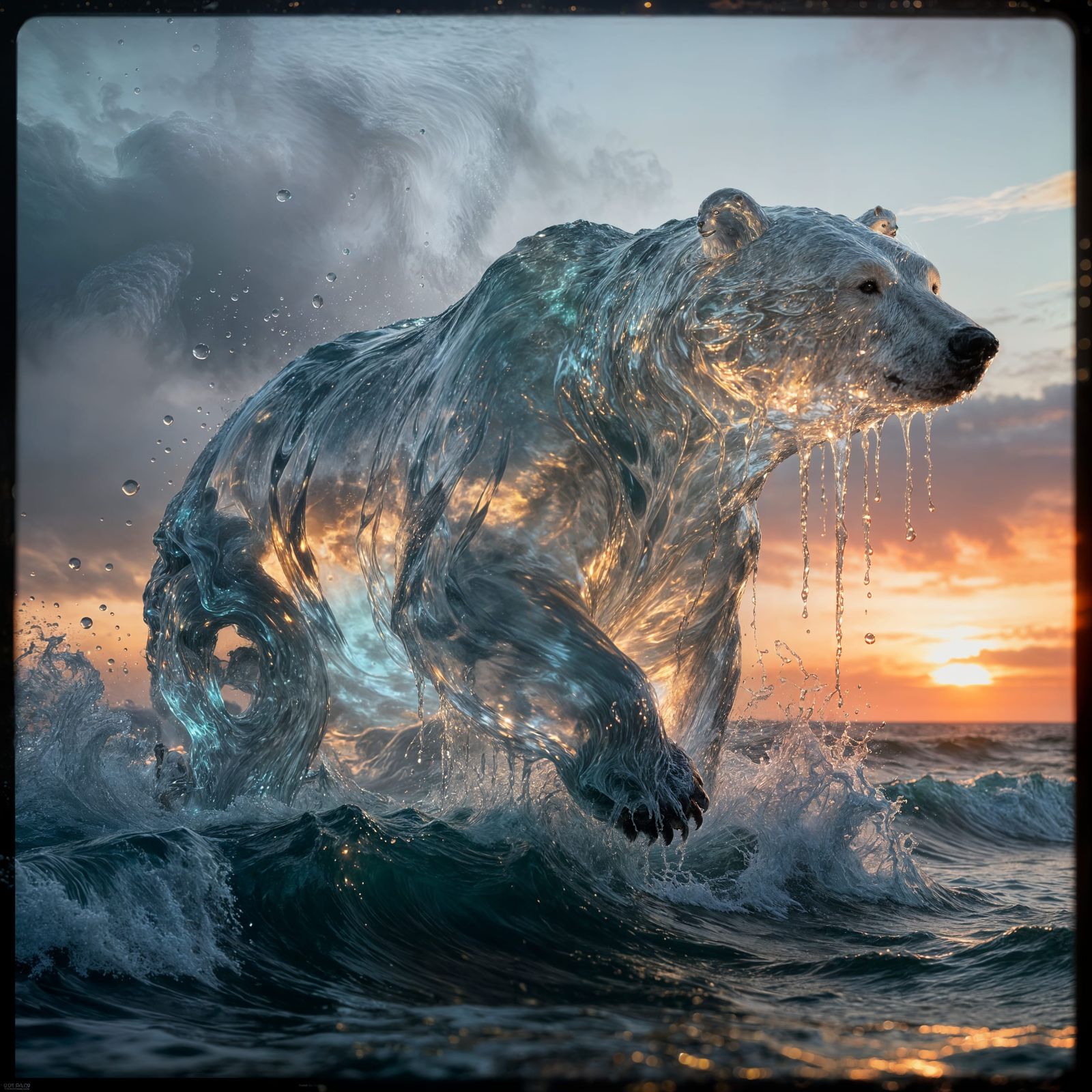 A gigantic bear rising from ocean waves, its entire body made of liquid water and ocean spray, as if ...  by @Zhopen