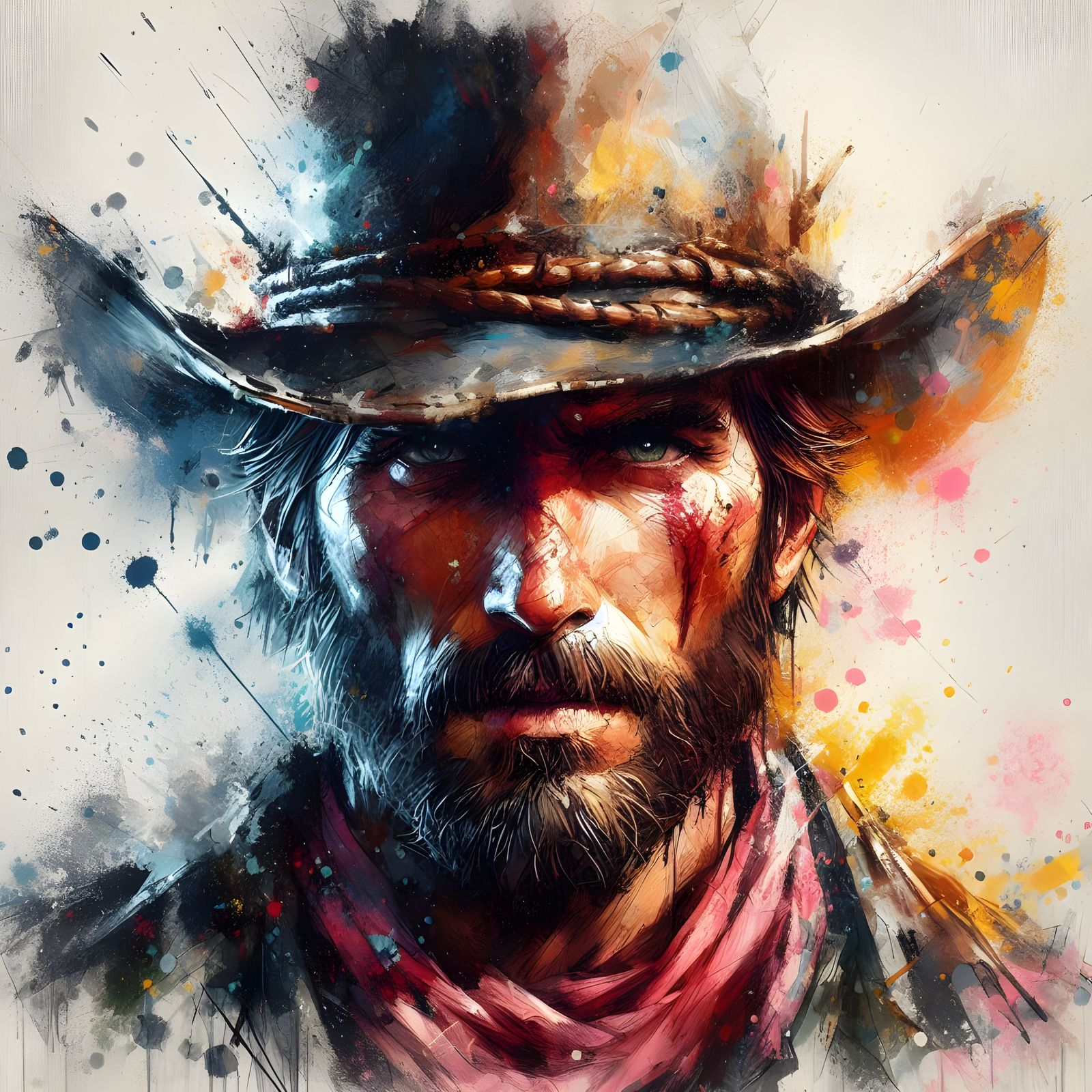 Rugged Cowboy Portrait in Painterly Ink & Color Splatter | Intense Western Character Study