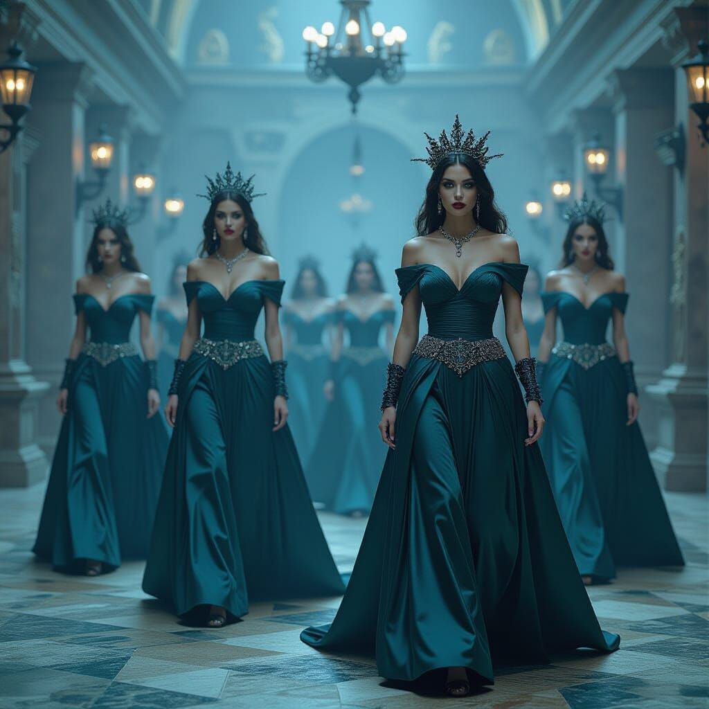 A majestic zombies on their way to the prom, adorned with a flowing, art deco-inspired gown, ancient remains and high fashion. The scene is ...