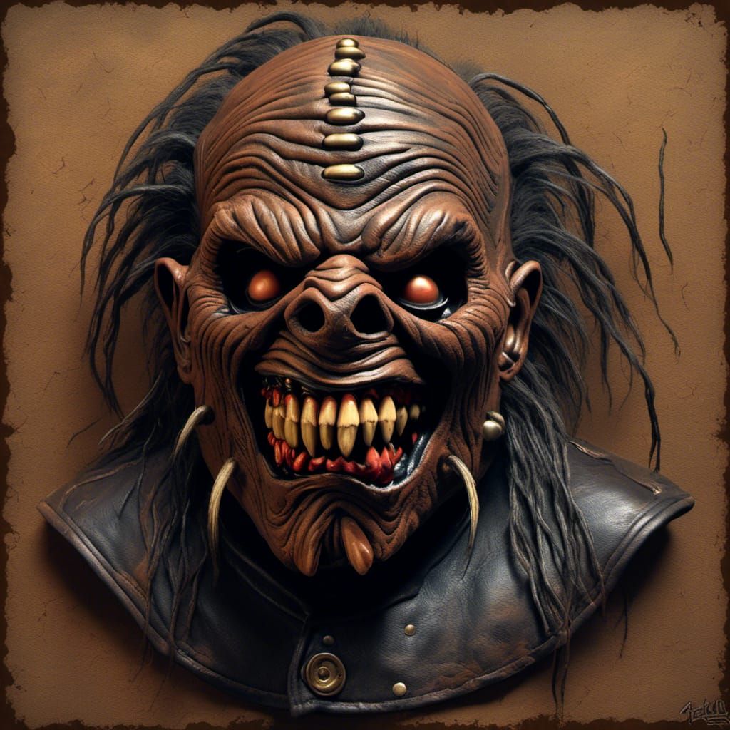 An old timey horror masterpiece, a breath-taking dynamic view of a leather Slipknot shrunken head, reflective, RTX, video games, Cinematic F...