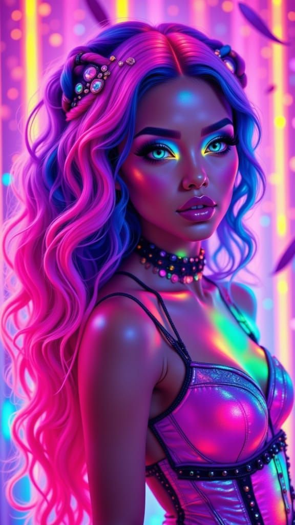Cyberpunk Woman & Rainbow Tiger in Neon Landscape