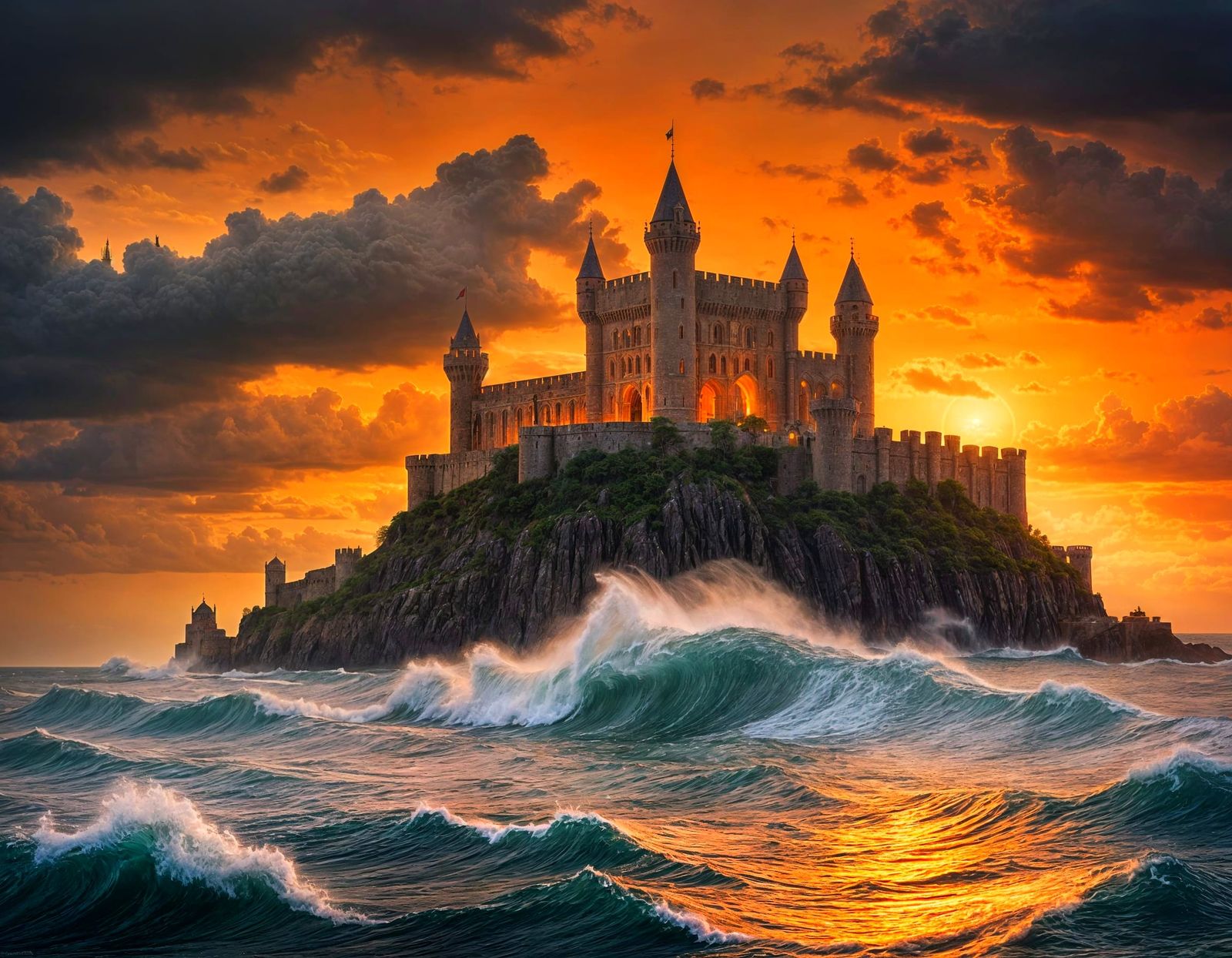 Gothic Fortress on Island During Orange Sunset