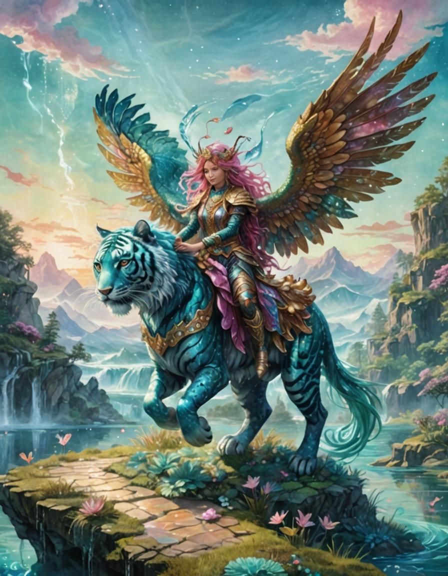 Glitch Art, Klimt Style Art, Lego Art,Cat , her skin is covered in a print consisting of dark green leaves, vines and yellow and black flowe...