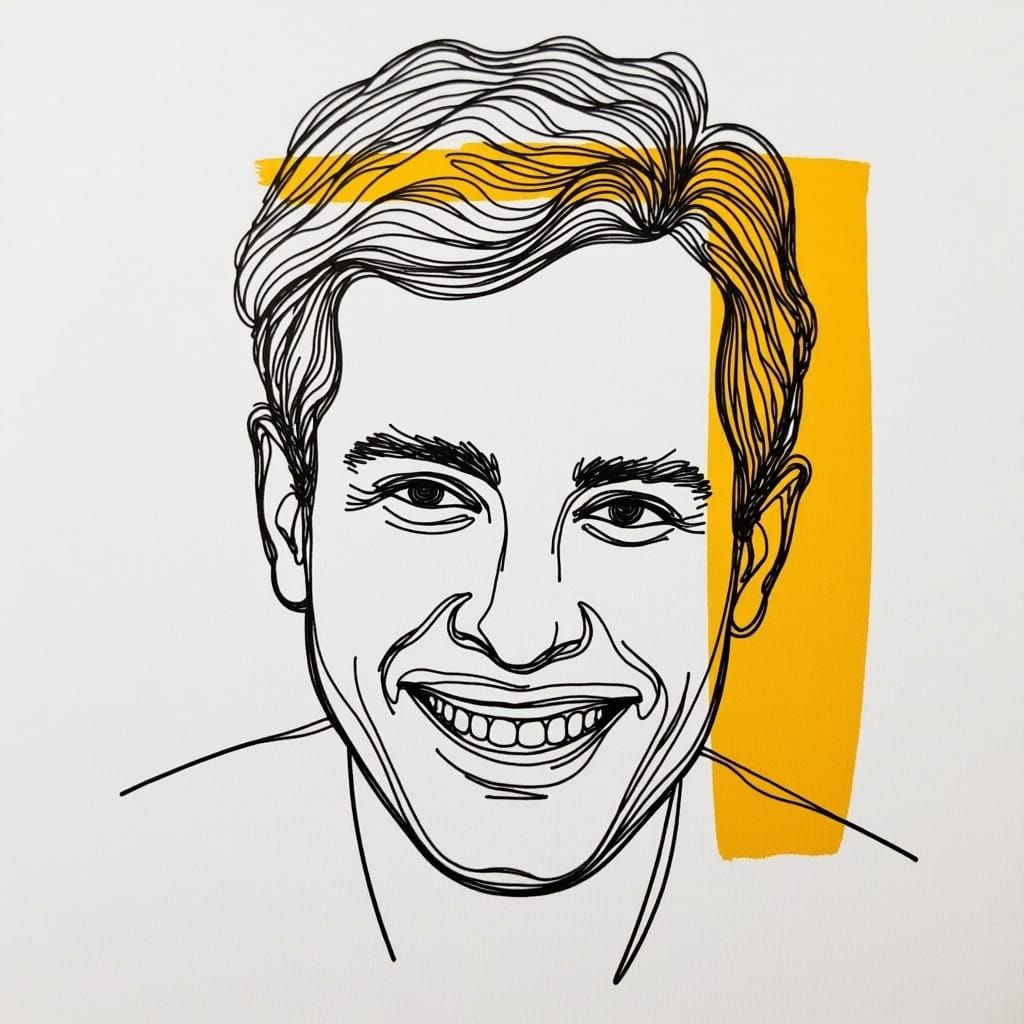  <lora:Outside The Lines:1.0> A close-up of a man smiling, with sunlight shining on his face. single line drawing, colour swatch behind it
