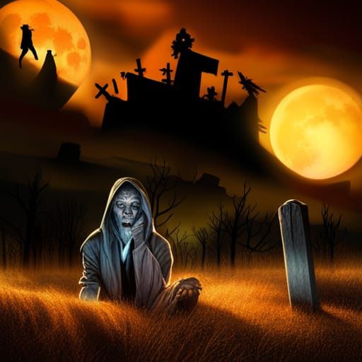 haunted grave yard zombie arms popping out of graves under a...
