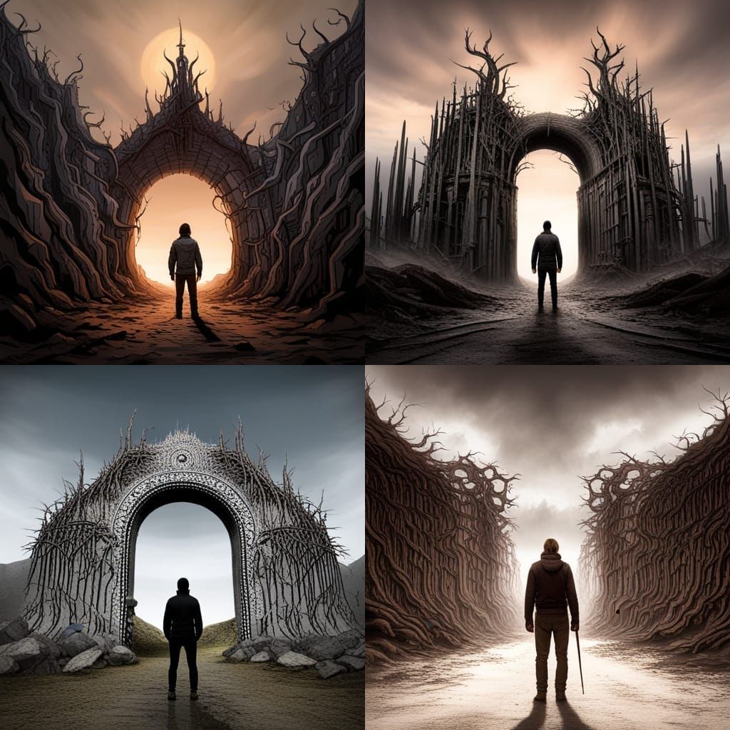 An a adventurer standing before the large gates of Hell.  Th...