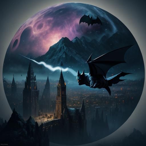 batman flying trough gothom at night with bat syble in the s...