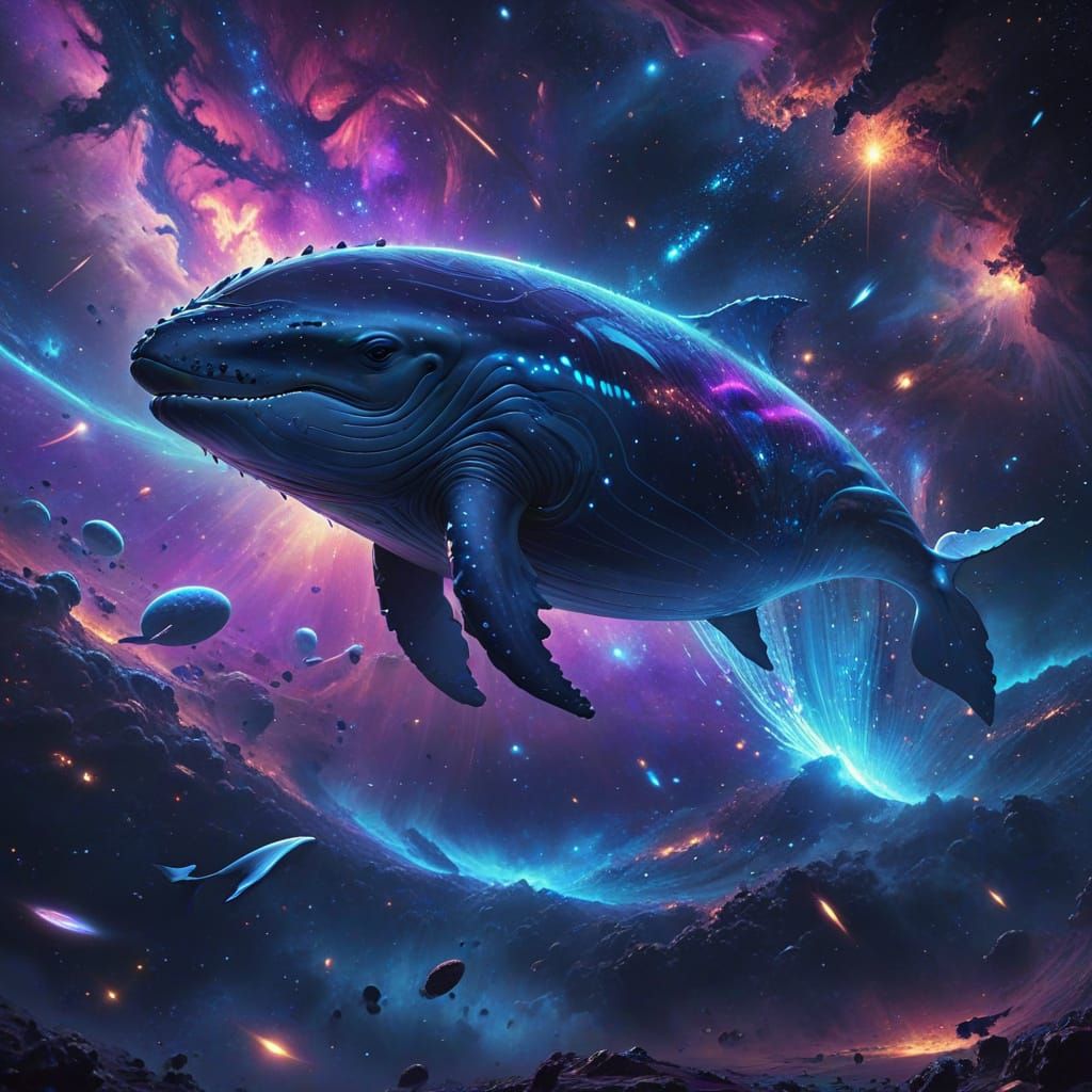 Giant Blue Whale Swimming Through Outer Space