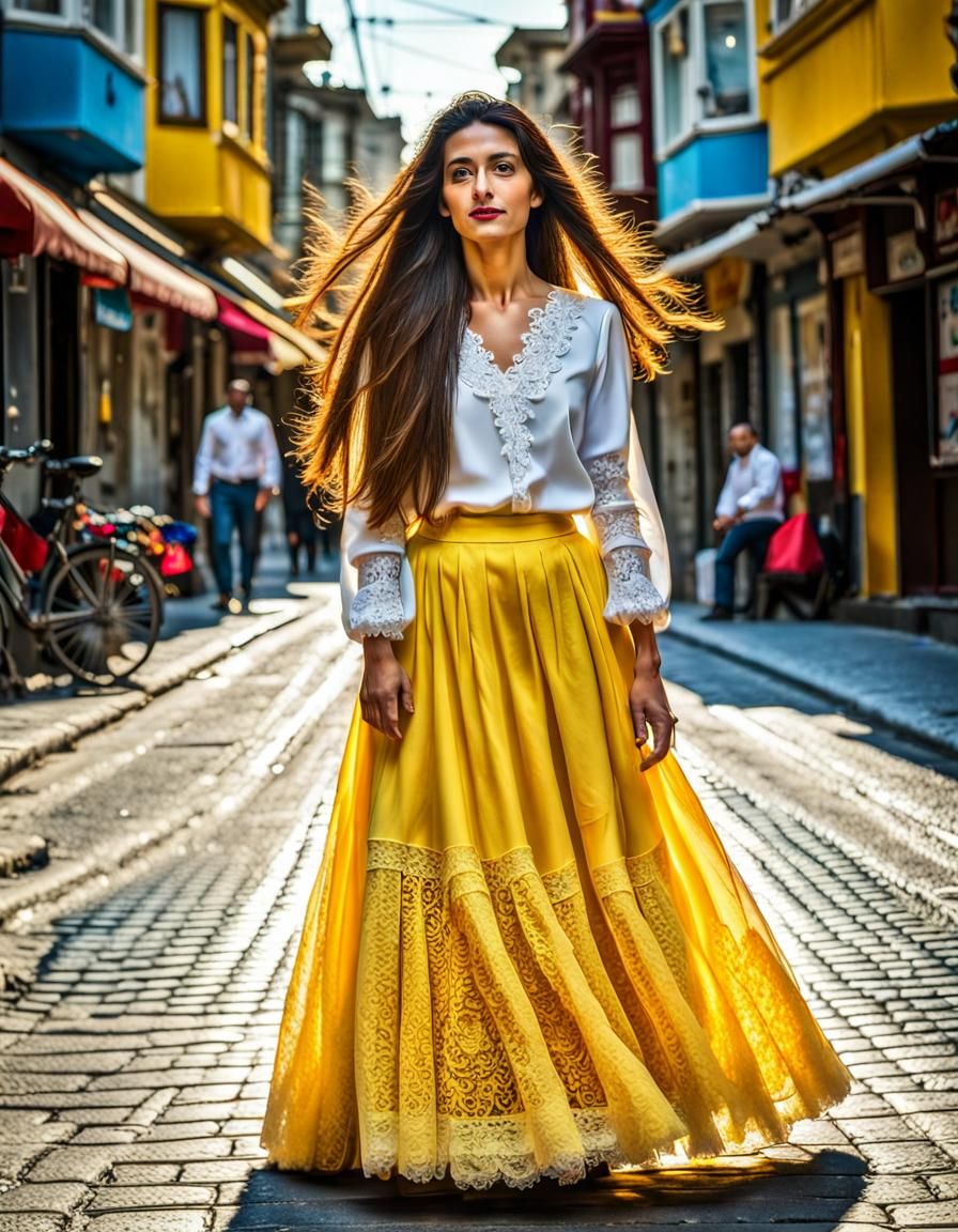 Woman wearing long yellow skirt and white lace blouse posing in colorful street in Istanbul Turkey AI Generated Artwork NightCafe Creator