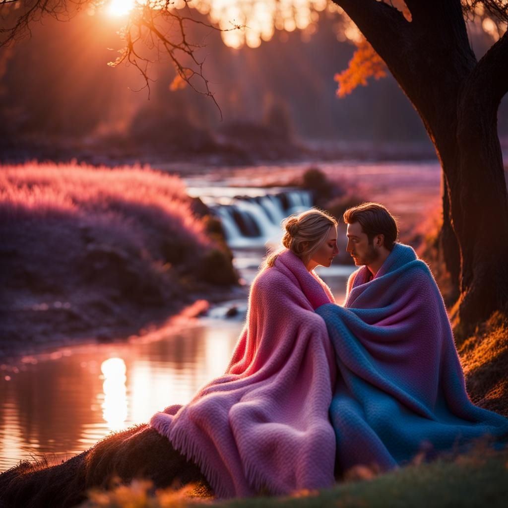Romantic Sunset Scene of Couple Snuggling