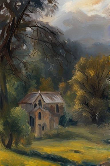 Graveyard by a river in the style of Constable