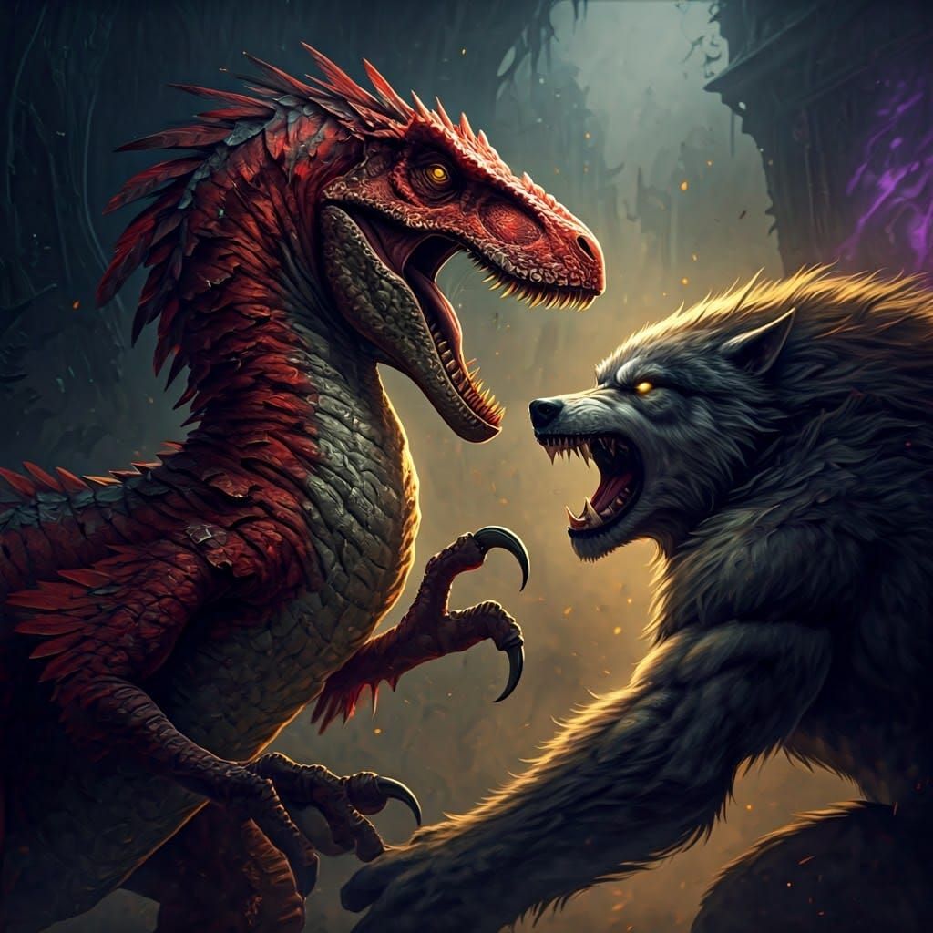 Red Velociraptor fighting a werewolf with yellow eyes, both equal in