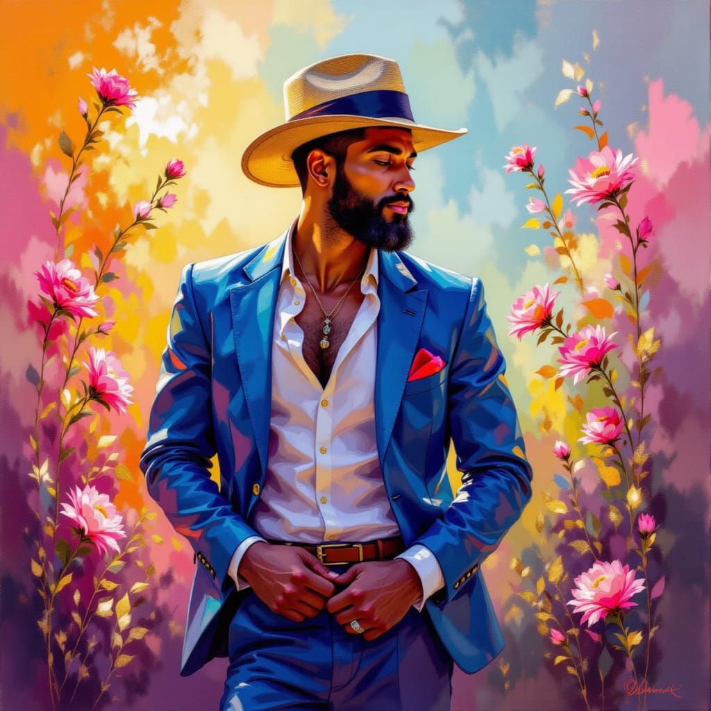 <lora:Painterly Or NotToBe:1.0> handsome man in the garden. Rendered in a painterly style that weaves boho soulfulness, impressionist sponta...