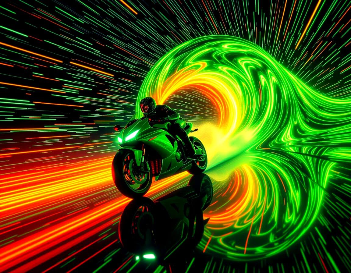 Riding the shiny metallic reflective neon green and bright orange cosmic wave of radiant starlight; slow ...  by @Kindly Offer