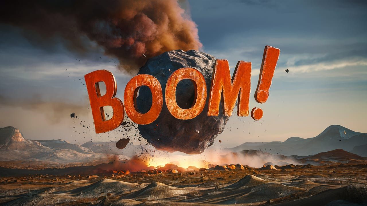 A meteor crashing into the ground, with the word "Boom!" emerging from the smoke and debris.   by @INTERCEDENCE