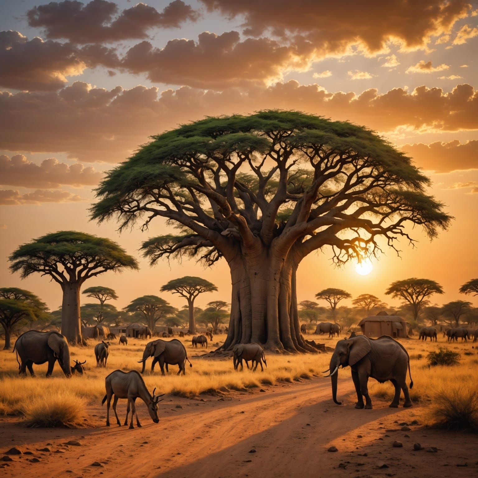 A breathtaking hyper-realistic landscape of Senegal's golden-hour savanna, towering baobab trees with ...  by @Mthatha CHUMA 