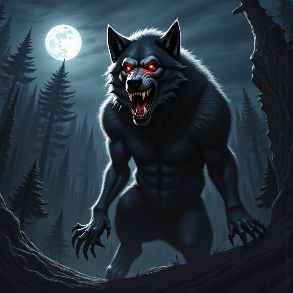 <lora:Flux Werewolf v2:1.0> A werewolf in the middle of his transformation under the moonlight, by Rick Melton, Anato Finnstark, Boris Valle...