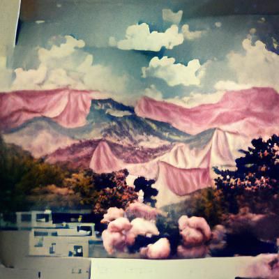 mountains with pink heaven like clouds floating above