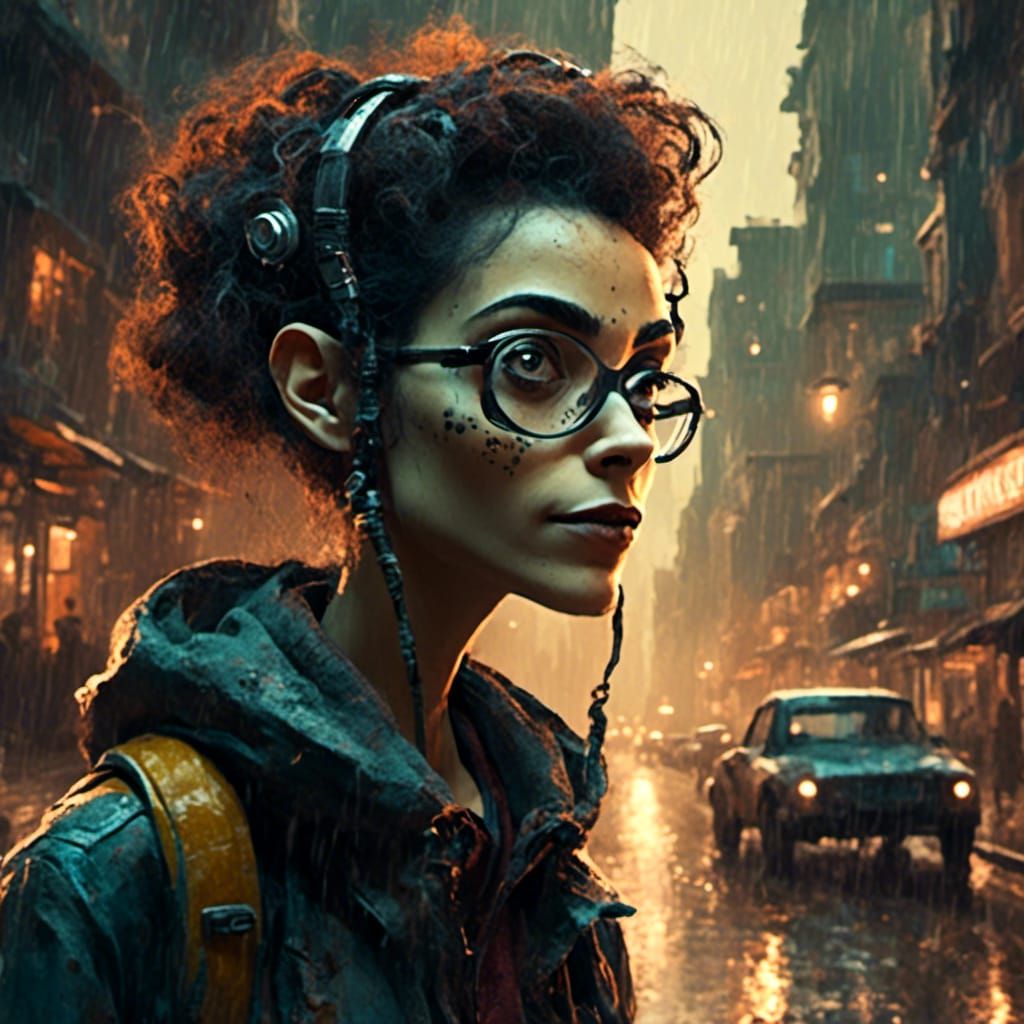 Medium shot of a female sci-fi protagonist in a cyberpunk city on a rainy evening. <lora:SybilThorn-LORA6:1.0> 