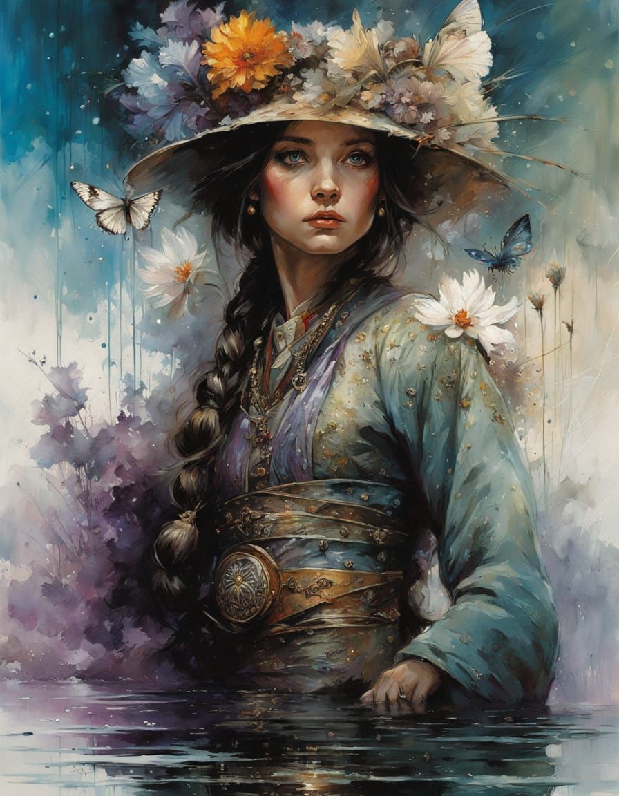 Geisha Reflects in Pond: Dark Fantasy Masterpiece