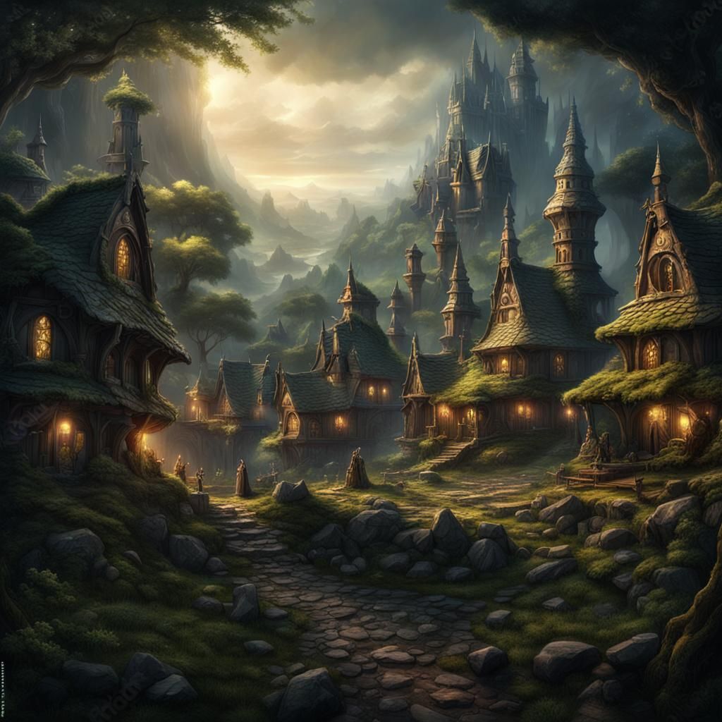 abandoned dwarven village now inhabited by elves, dark fantasy, medieval, edge of the forest