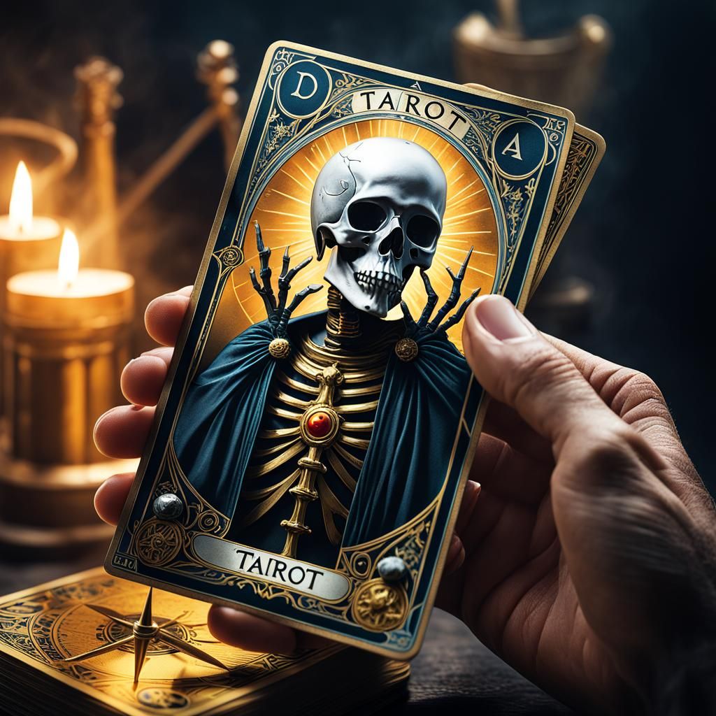 Closeup on a hand holding a richly illustrated (death -themed tarot card:1.5), natural lighting, sharp ...  by @NekoNesto