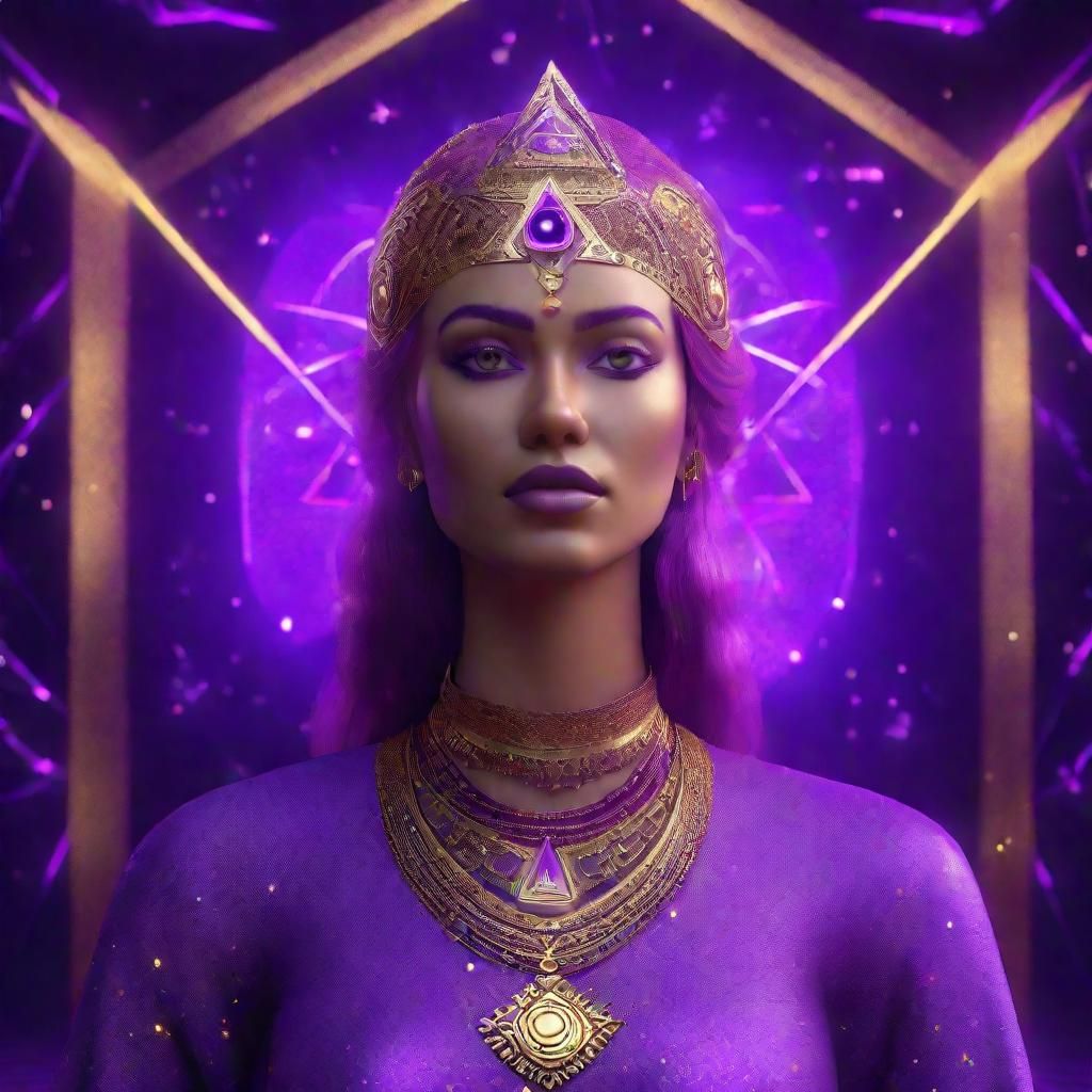 Portrait of a young woman with glowing third eye chakra, geo...