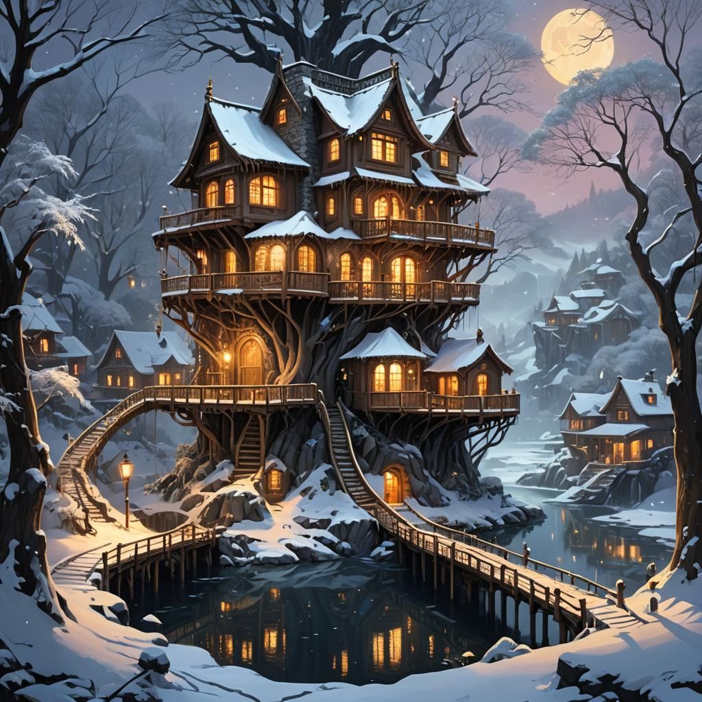 Magical Treehouse Village in Moonlight and Snow - AI Art