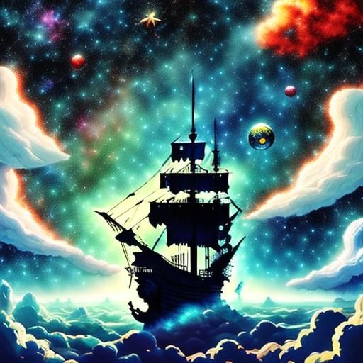 <lora:Wonderland:1.0>  a twinkling colorful beautiful magical flying pirate ship on the magical sea of clouds, magical starry sky