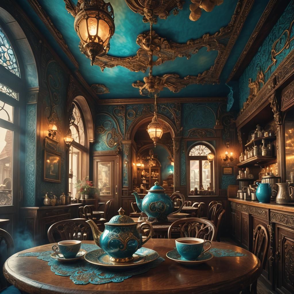 Fantasy Restaurant with Coffee and Tea, Surreal Interior