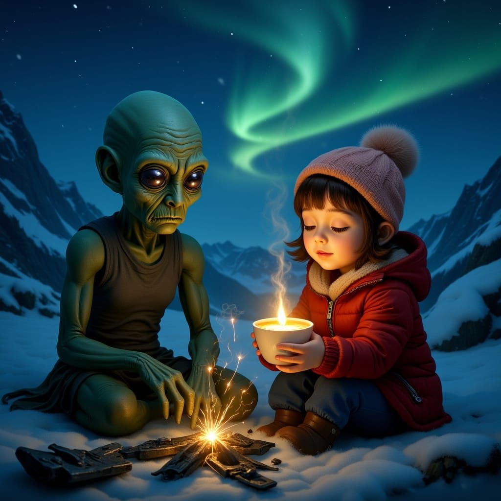 "A Breath Between Worlds"

Description:

High in the misty mountains, among the rocks and snow-capped peaks, lies a crashed flying saucer - ...