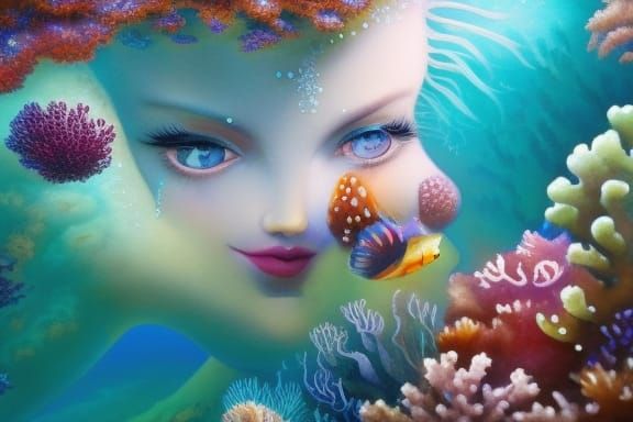 Detailed Mermaid in Coral Reef: Watercolor Painting