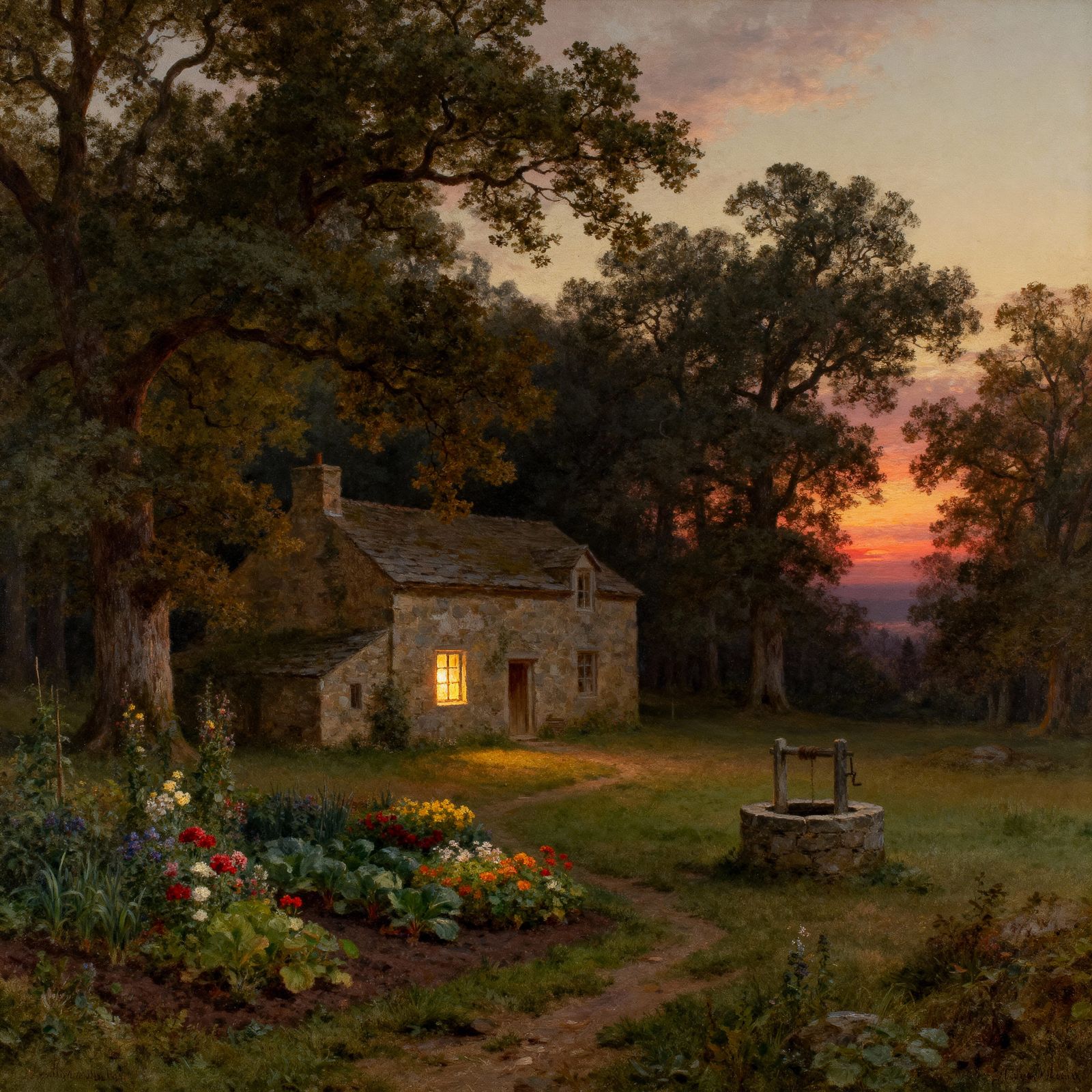 Beautiful painting, idyllic scene, a spacious stone cottage nestled in a forest clearing at twilight, ...  by @SirEdmund