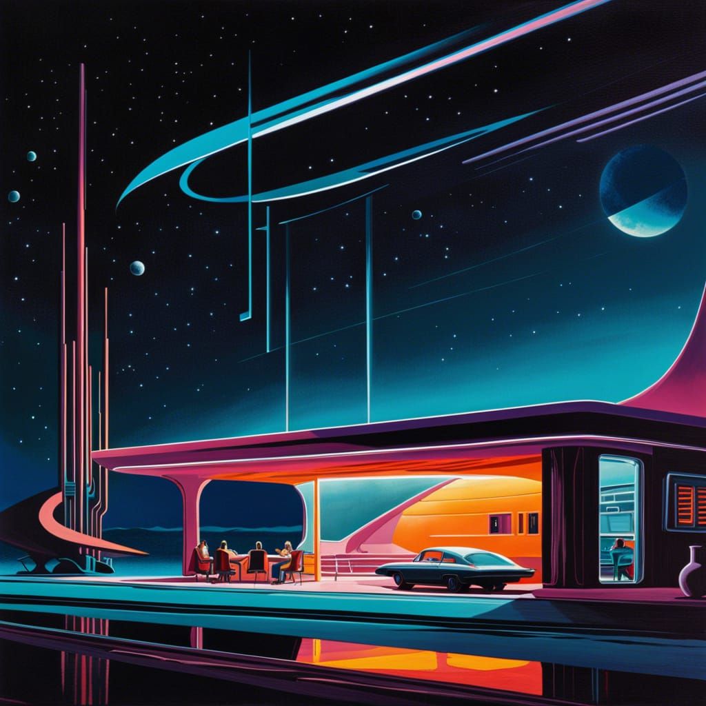 Exterior, spacecore retrofuturisitc, galactic, dimly lit Din...