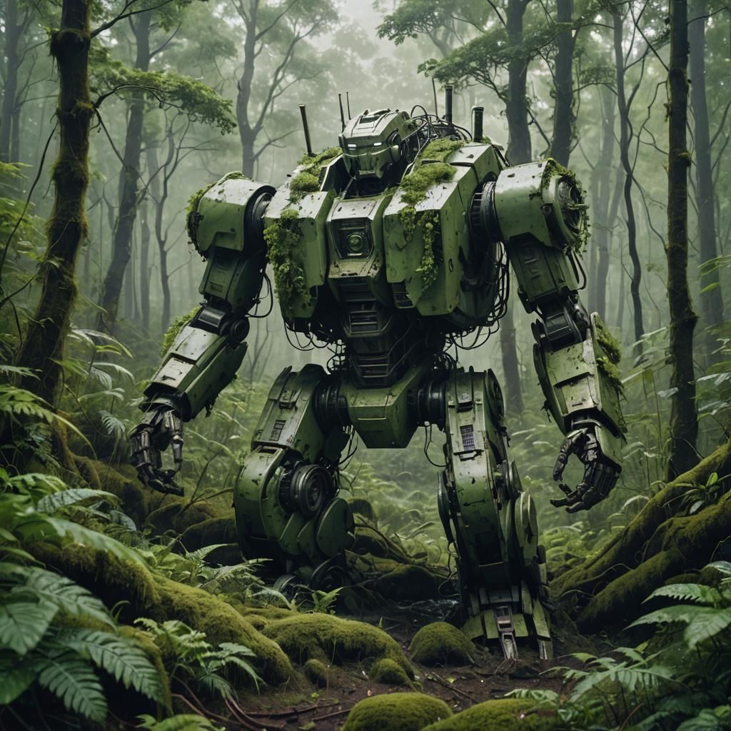 Immense robot, covered with vegetation, half buried in the g...