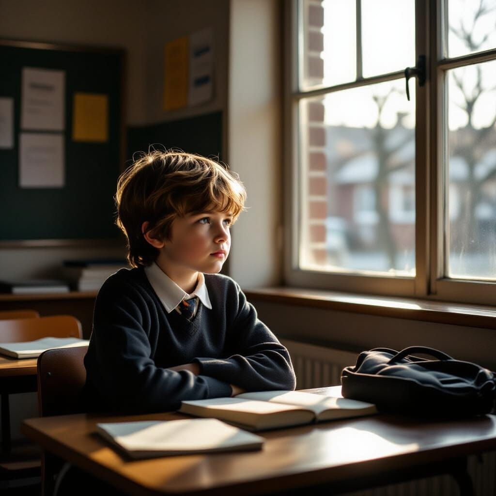 Child Lost in Thought in Dim Schoolroom