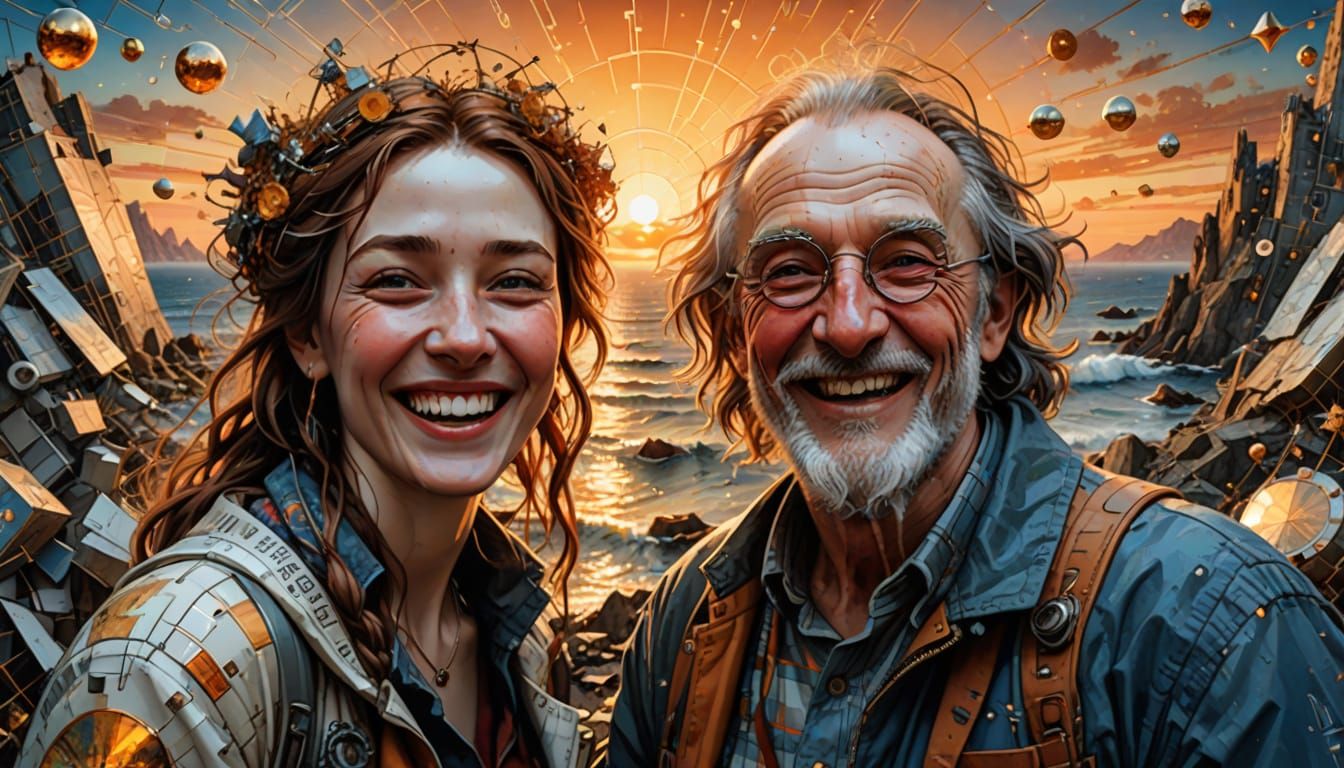  a beautiful concept art of “ selfie of a laughing modern sunset” in glittering porcelain, 8k resolution, geometric figures, mathematical fo...