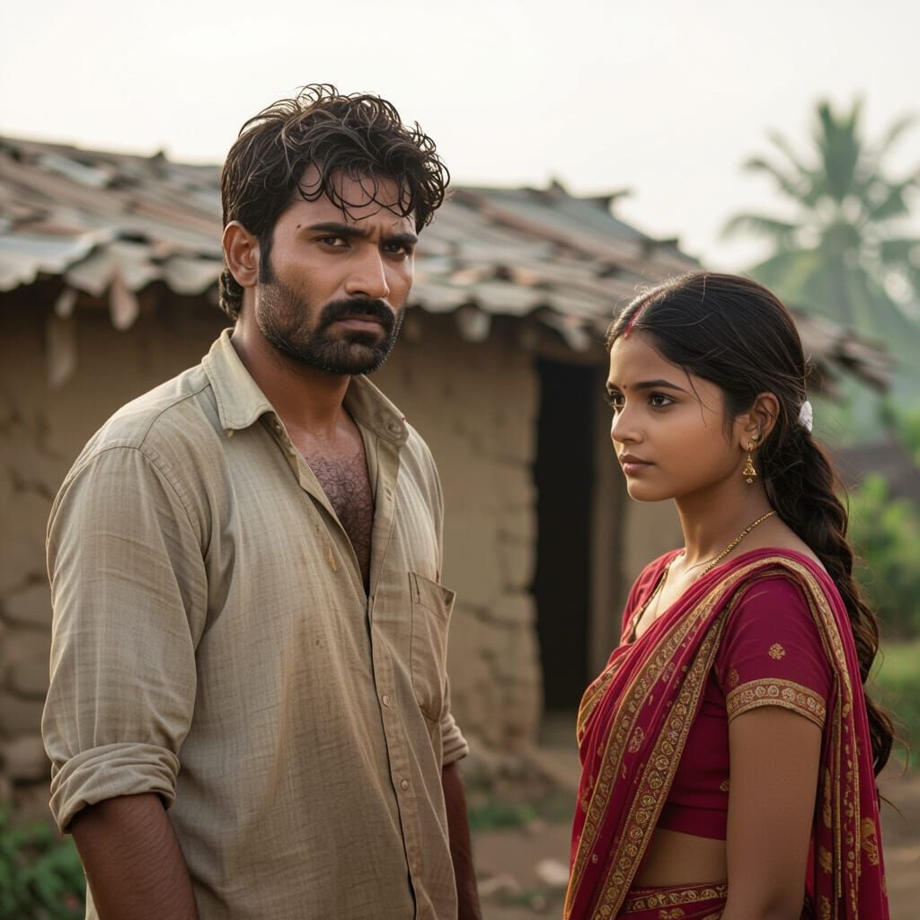 Determined Man Gazing at Village Girl: Cinematic Film Aesthe...