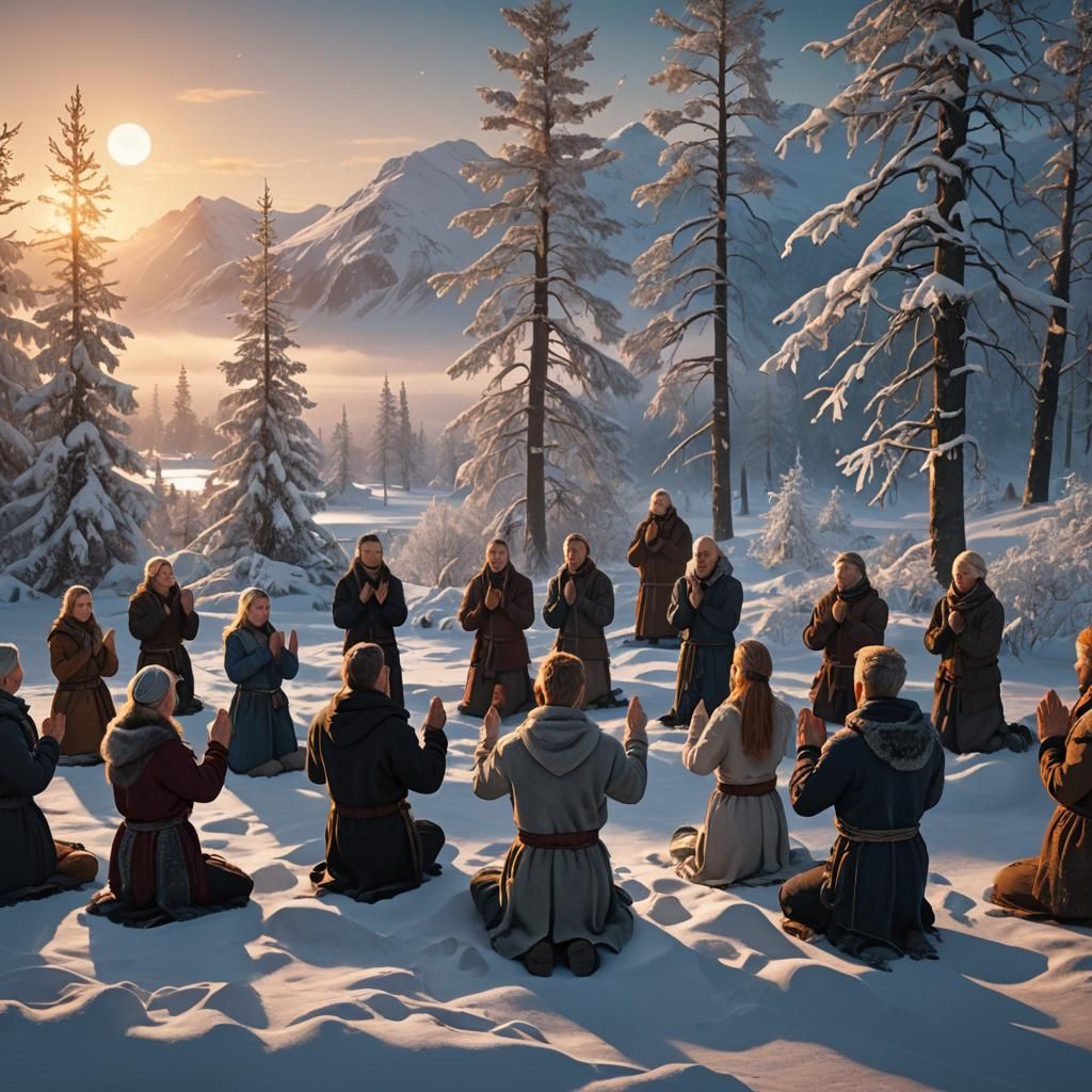 Scandinavian men and women in a winter scene praying and med...