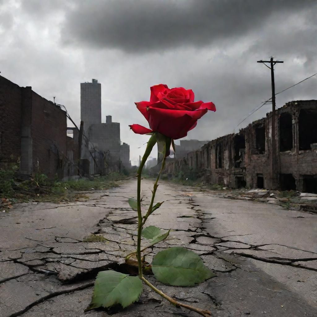 A devastated cityscape, at its center a single rose grows in the middle ...