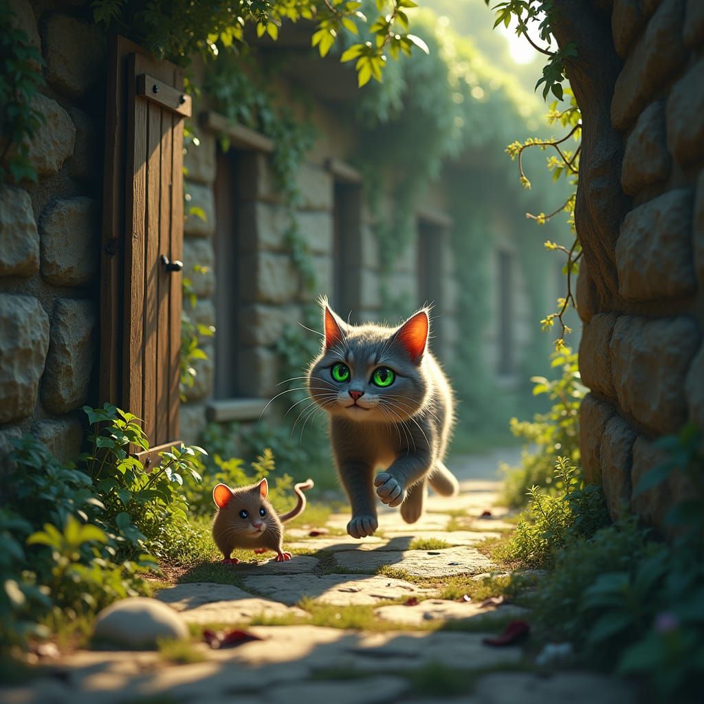 Grey Cat Chasing Mouse in Crumbling House