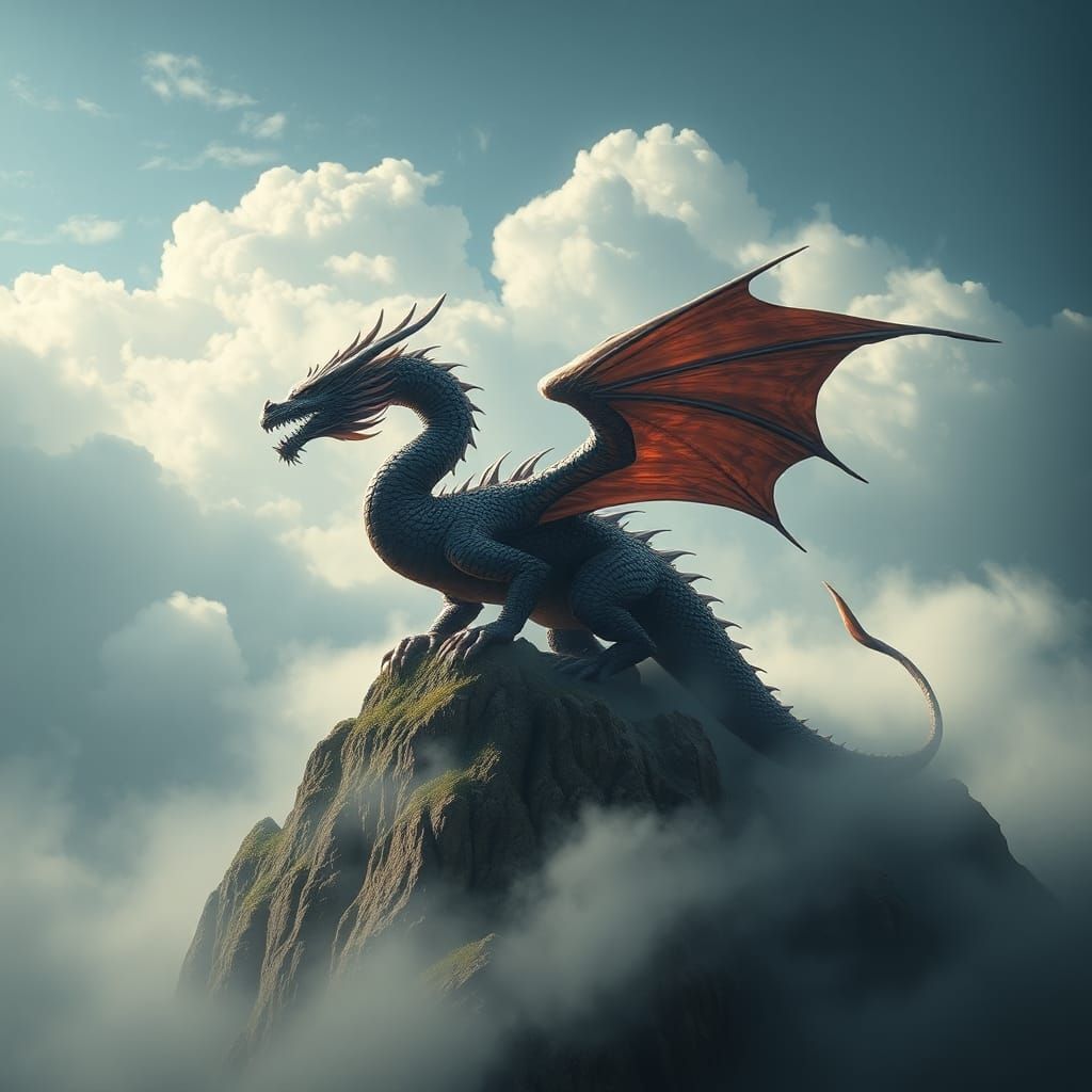 Cinematic Film Still. Medium Shot. A majestic dragon perched...