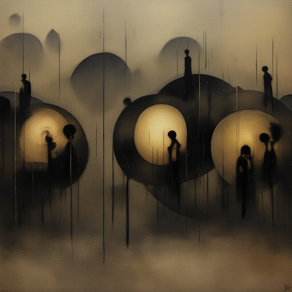 <lora:denizpeky:1.0> art of avangard  of layers depth, lives of cute noir  characters in peace minimal sarcastic figures cute  , waiting for...