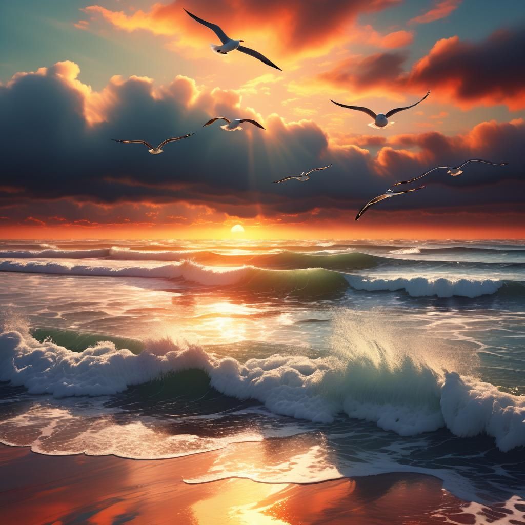 Serene ocean sunset scene. Medium shot. Surfers riding the waves on the horizon with seagulls flying ...  by @PaulaH