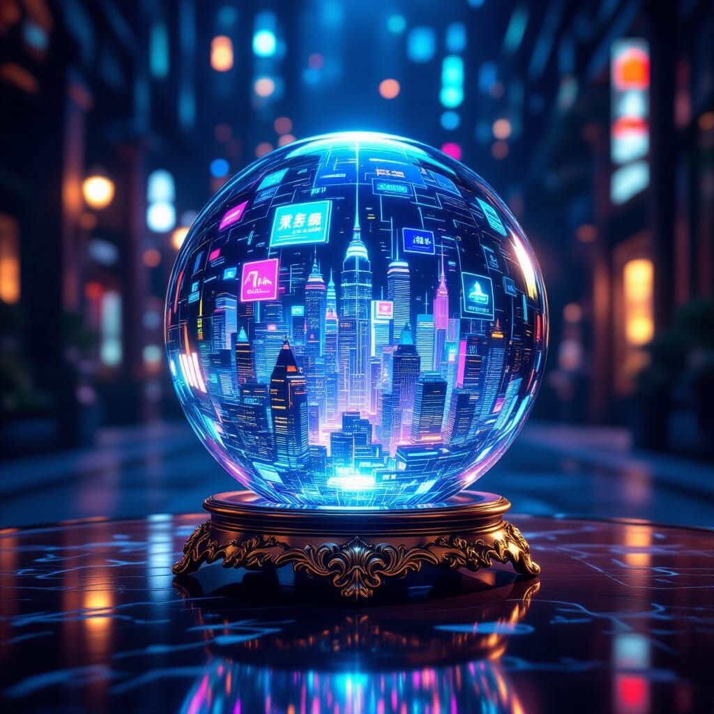 Futuristic City in Crystal Ball on Ornate Table