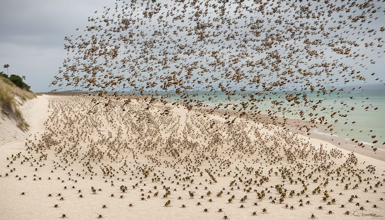 locust swarm descending on beach