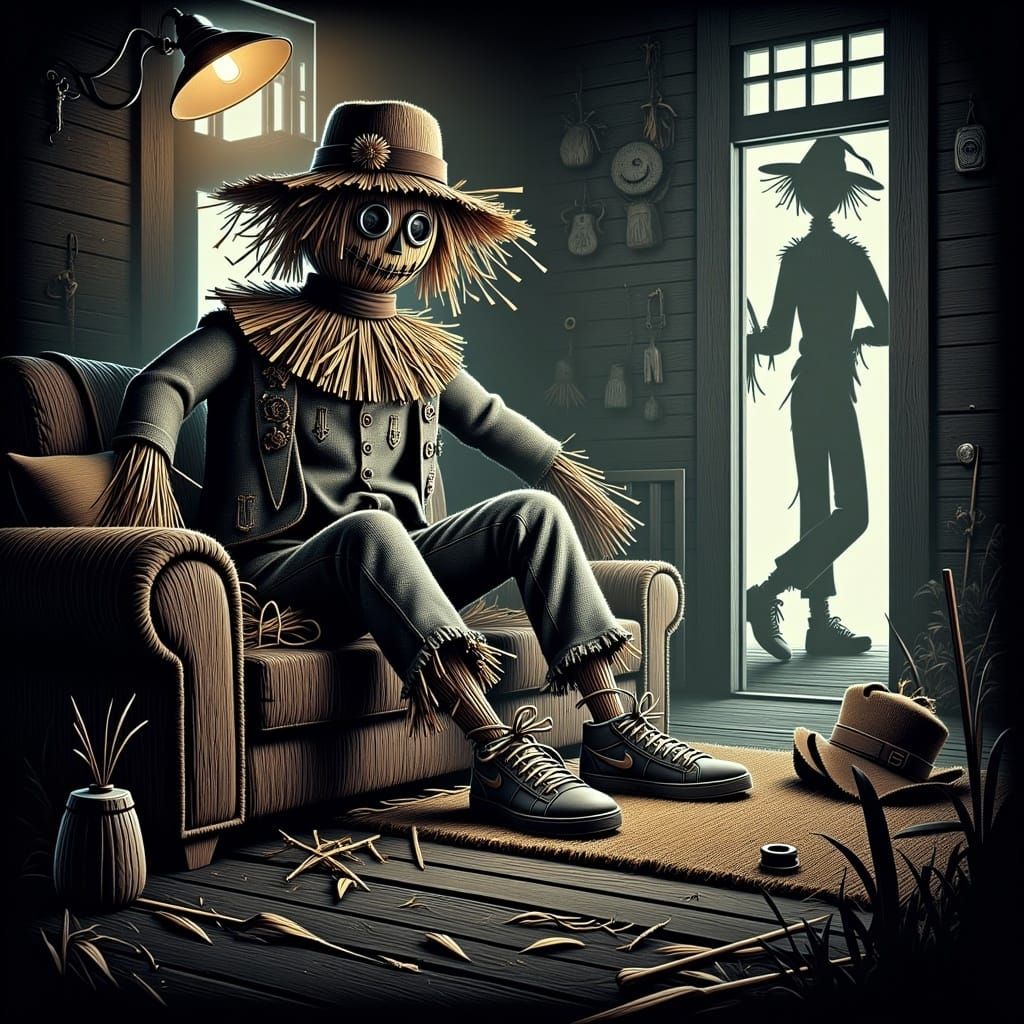 <lora:Steampunk Scarecrows:1.0> A close-up of a man tying his shoes, ready to head out for a morning jog, with the front door slightly open...