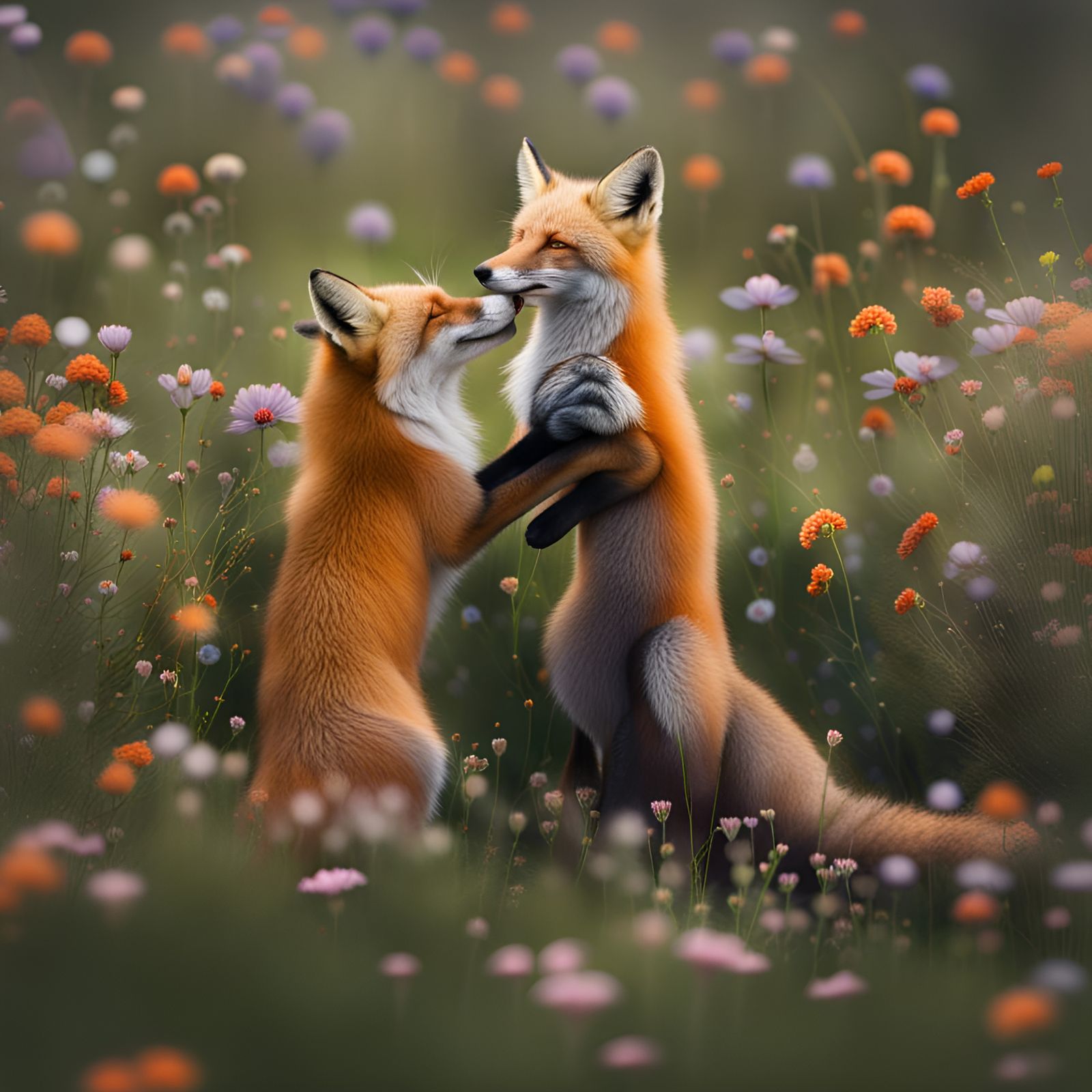 Two Foxes In An Emotional Embrace Among field Of Wildflowers