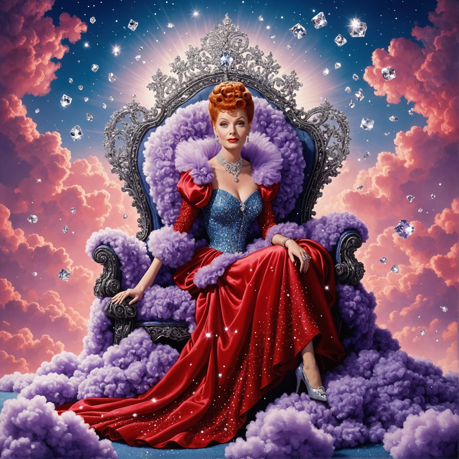 Lucille Ball sitting on a throne of diamonds in a blue sky atop a lavender cloud, sparkles, Lucille Ball wearing a red s...